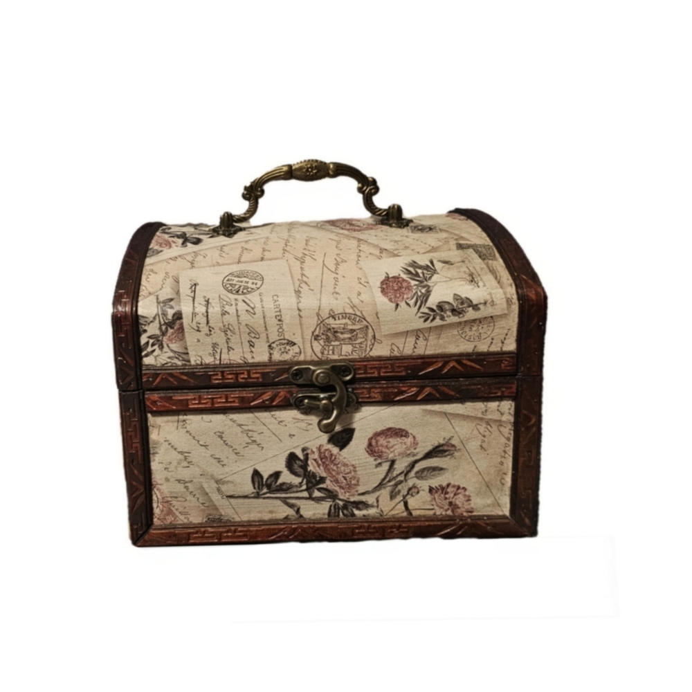 Wooden & Brass Jewelry Box With Postcard Design